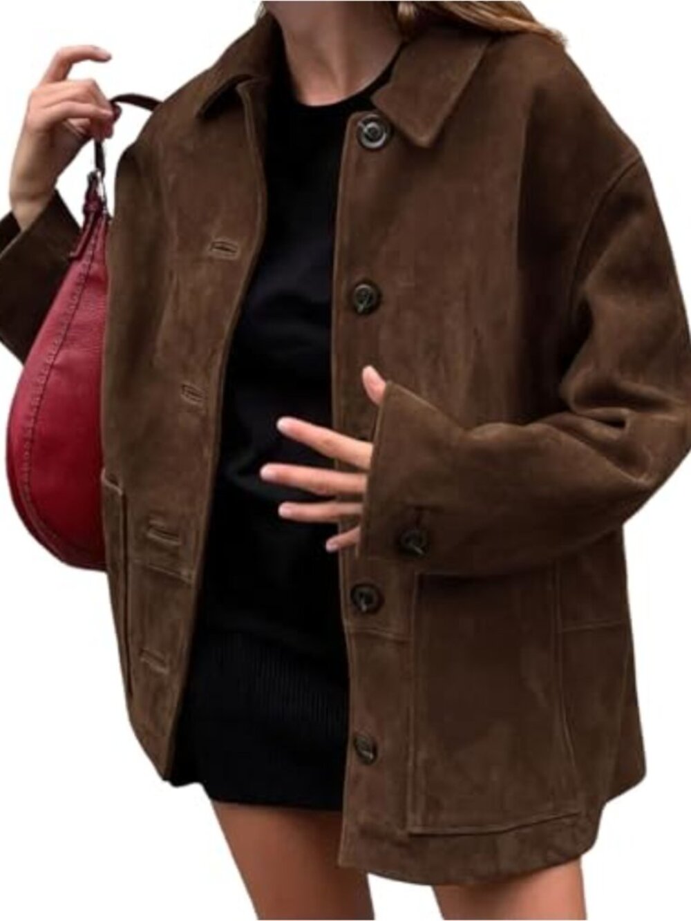 Women's Faux Suede Long Button Down Shacket Relaxed Lapel Collar